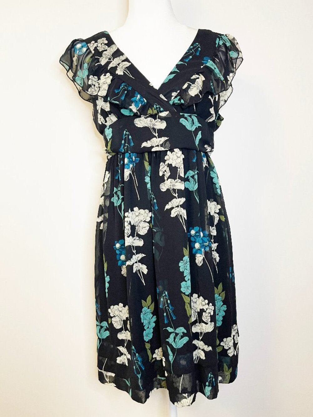 Twenty One Floral Chiffon Ruffle Midi Dress Size L Navy Blue Tie Waist